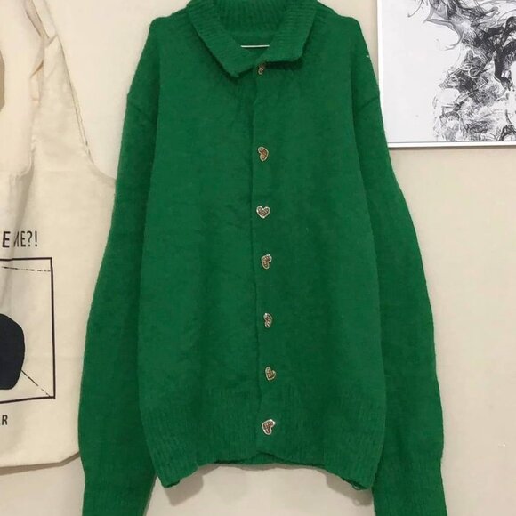 Green Button Up Cardigan with Heart Buttons - Picture 1 of 3